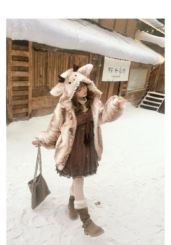 ［ファッション］フード付きホーンバックルファーコート【7DMAET】