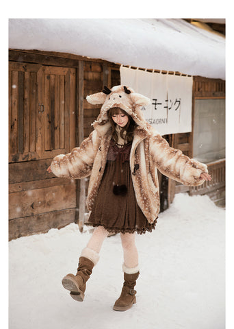 ［ファッション］フード付きホーンバックルファーコート【7DMAET】