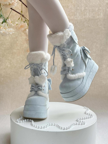 ［靴］ロリータ ラウンドトゥ ポンポン付き 厚底ムートンブーツ【FZJ72Q】