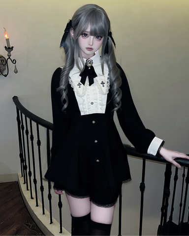 ［ファッション］地雷系 クロスフリルカラーペプラムトップス+パンツ【FK2W38】