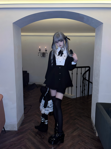 ［ファッション］地雷系 クロスフリルカラーペプラムトップス+パンツ【FK2W38】