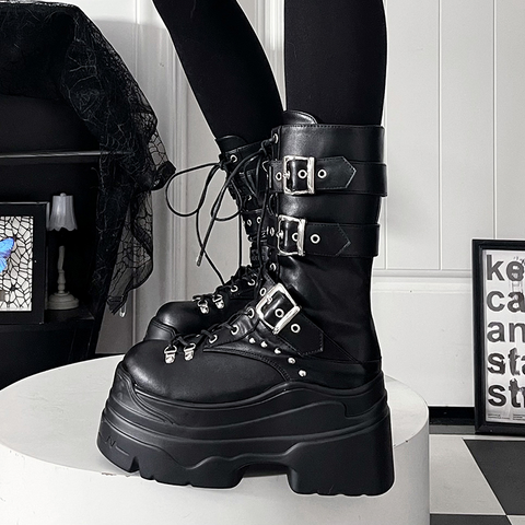 ［靴］サブカル ベルト 厚底 ミドルブーツ【3IX6FC】