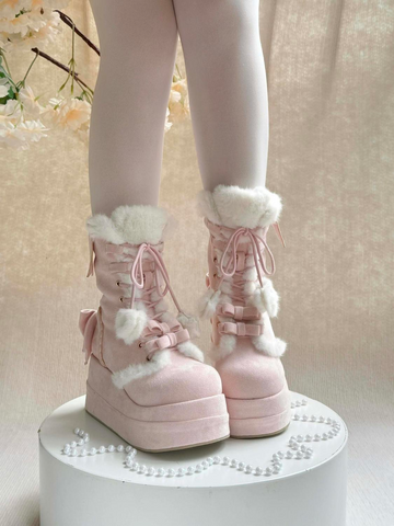 ［靴］ロリータ ラウンドトゥ ポンポン付き 厚底ムートンブーツ【FZJ72Q】