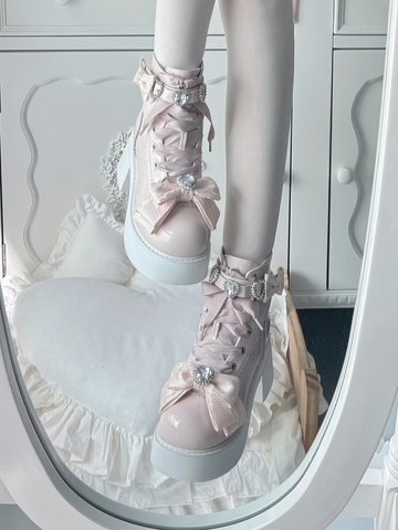 【受注予約】［靴］地雷系 量産型 ビジューリボンミドルブーツ【LBJE84】