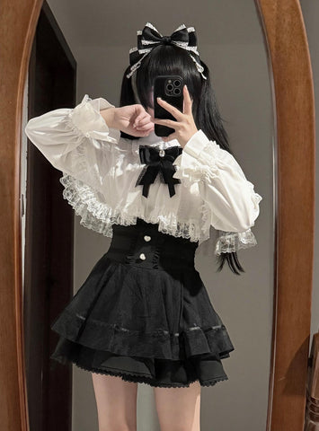 ［ファッション］S-4L 地雷系 レース ケープブラウス+スカート【CA9ASZ】