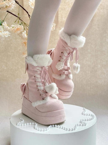 ［靴］ロリータ ラウンドトゥ ポンポン付き 厚底ムートンブーツ【FZJ72Q】