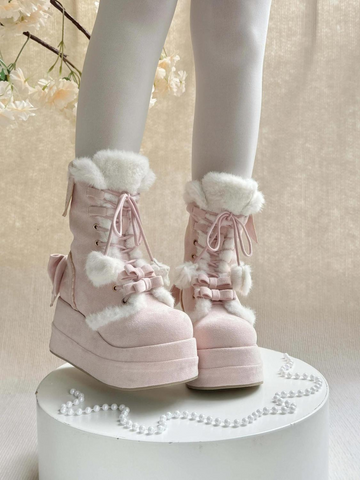 ［靴］ロリータ ラウンドトゥ ポンポン付き 厚底ムートンブーツ【FZJ72Q】