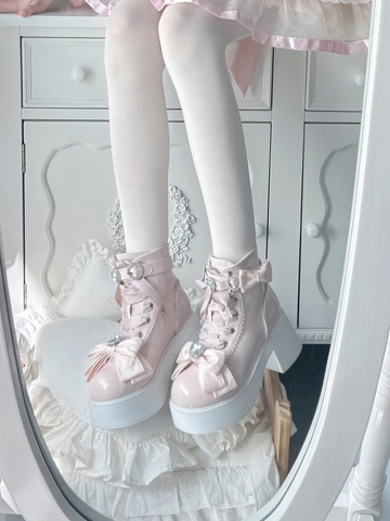 【受注予約】［靴］地雷系 量産型 ビジューリボンミドルブーツ【LBJE84】