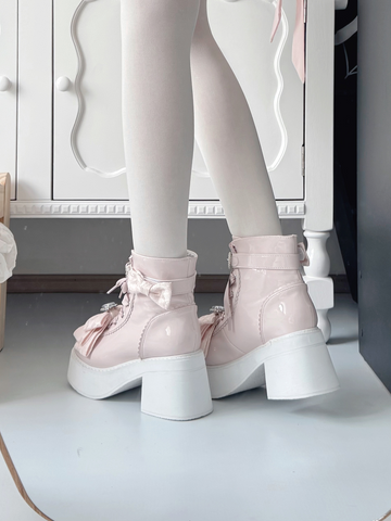 【受注予約】［靴］地雷系 量産型 ビジューリボンミドルブーツ【LBJE84】