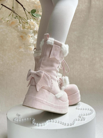 ［靴］ロリータ ラウンドトゥ ポンポン付き 厚底ムートンブーツ【FZJ72Q】