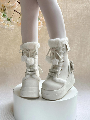 ［靴］ロリータ ラウンドトゥ ポンポン付き 厚底ムートンブーツ【FZJ72Q】