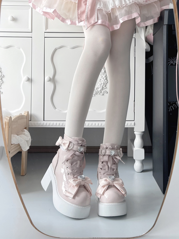 【受注予約】［靴］地雷系 量産型 ビジューリボンミドルブーツ【LBJE84】