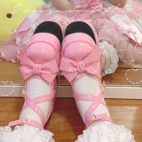 ［靴］ロリータ 姫 リボン 厚底 パンプス シューズ【ピンク】