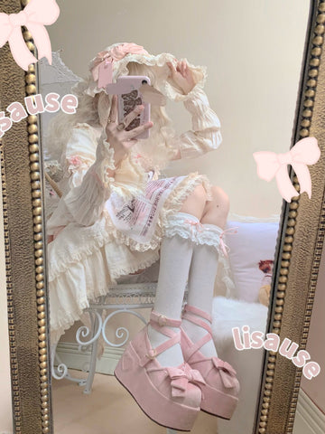 ［靴］ロリータ 姫 リボン 厚底 パンプス シューズ【ピンク】