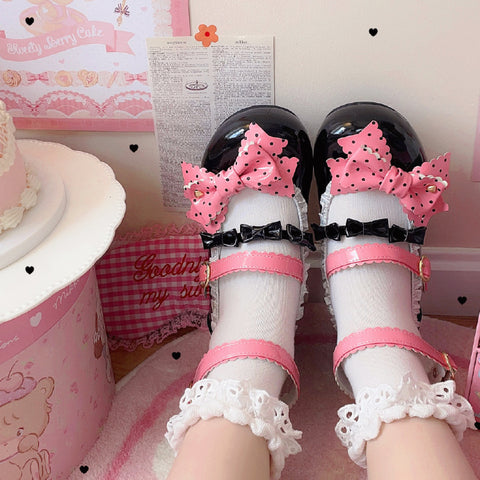 ［靴］ロリータ 姫 リボン ローヒール 姫 パンプス シューズ【ブラック×ピンク】