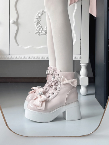 【受注予約】［靴］地雷系 量産型 ビジューリボンミドルブーツ【LBJE84】