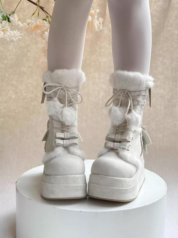 ［靴］ロリータ ラウンドトゥ ポンポン付き 厚底ムートンブーツ【FZJ72Q】