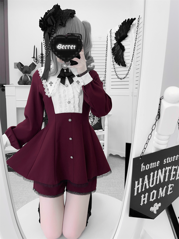 ［ファッション］地雷系 クロスフリルカラーペプラムトップス+パンツ【FK2W38】