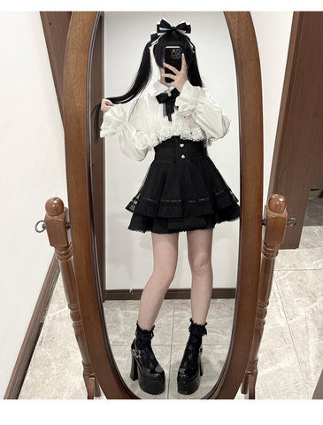 ［ファッション］S-4L 地雷系 レース ケープブラウス+スカート【CA9ASZ】