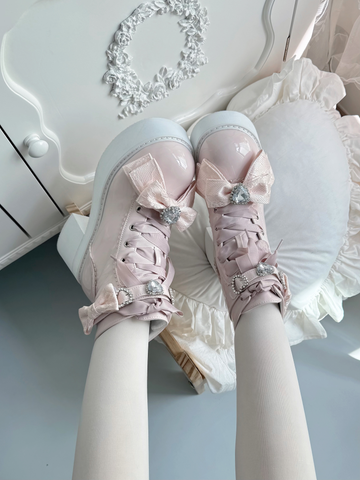 【受注予約】［靴］地雷系 量産型 ビジューリボンミドルブーツ【LBJE84】