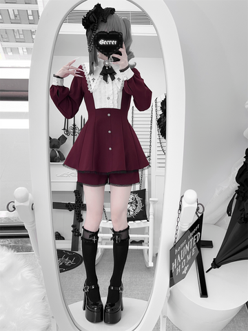 ［ファッション］地雷系 クロスフリルカラーペプラムトップス+パンツ【FK2W38】