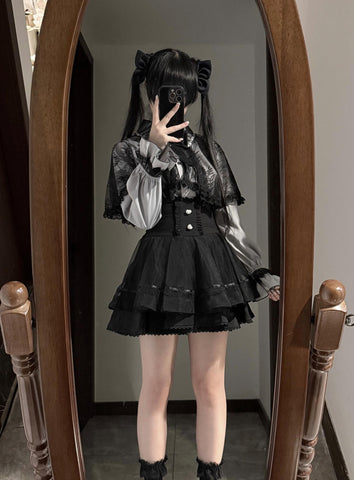 ［ファッション］S-4L 地雷系 レース ケープブラウス+スカート【CA9ASZ】