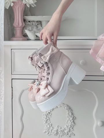 【受注予約】［靴］地雷系 量産型 ビジューリボンミドルブーツ【LBJE84】