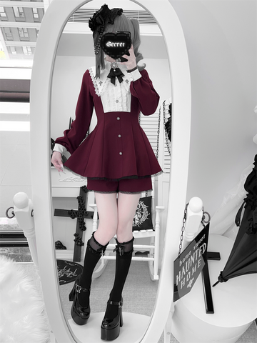 ［ファッション］地雷系 クロスフリルカラーペプラムトップス+パンツ【FK2W38】