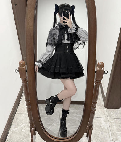 ［ファッション］S-4L 地雷系 レース ケープブラウス+スカート【CA9ASZ】