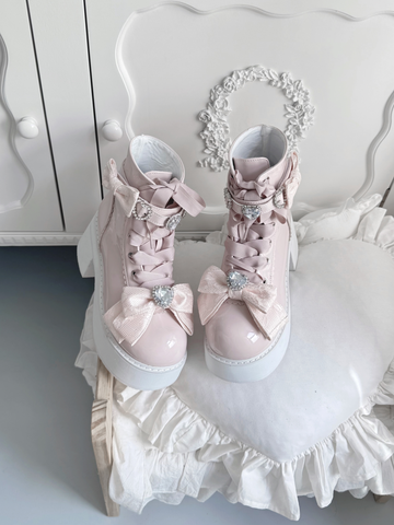 【受注予約】［靴］地雷系 量産型 ビジューリボンミドルブーツ【LBJE84】