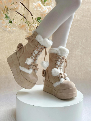 ［靴］ロリータ ラウンドトゥ ポンポン付き 厚底ムートンブーツ【FZJ72Q】