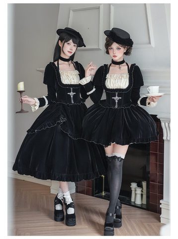 ［ファッション］クラシカル レトロ ベロア ワンピース【GJQ12R】