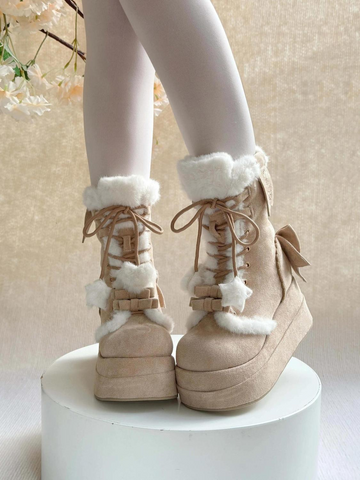 ［靴］ロリータ ラウンドトゥ ポンポン付き 厚底ムートンブーツ【FZJ72Q】