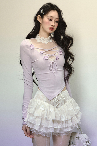 フレンチガーリー］フラワーリボンVネックトップス【DDF848】 – candymoon