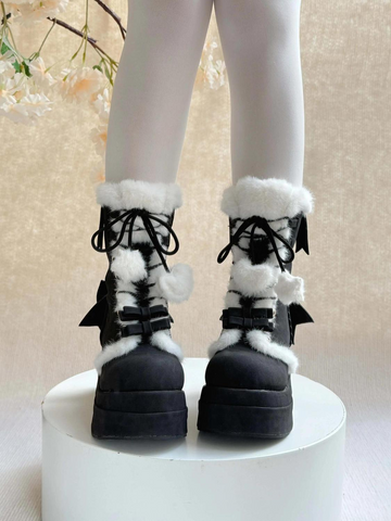［靴］ロリータ ラウンドトゥ ポンポン付き 厚底ムートンブーツ【FZJ72Q】