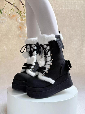［靴］ロリータ ラウンドトゥ ポンポン付き 厚底ムートンブーツ【FZJ72Q】