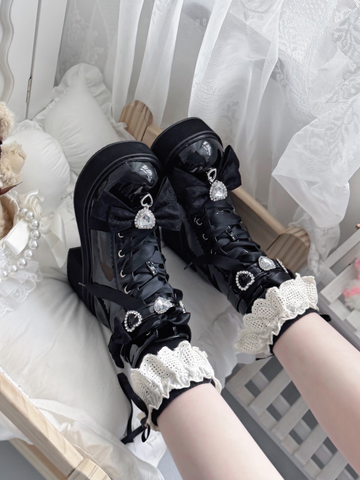 【受注予約】［靴］地雷系 量産型 ビジューリボンミドルブーツ【LBJE84】