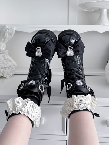 【受注予約】［靴］地雷系 量産型 ビジューリボンミドルブーツ【LBJE84】