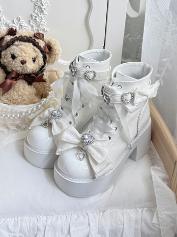 【受注予約】［靴］地雷系 量産型 ビジューリボンミドルブーツ【LBJE84】