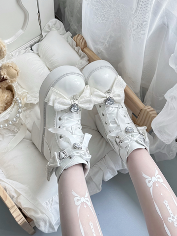 【受注予約】［靴］地雷系 量産型 ビジューリボンミドルブーツ【LBJE84】