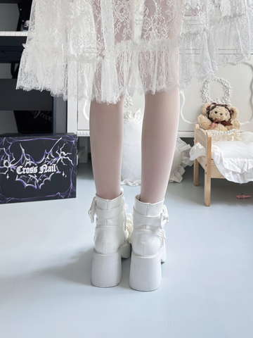 【受注予約】［靴］地雷系 量産型 ビジューリボンミドルブーツ【LBJE84】