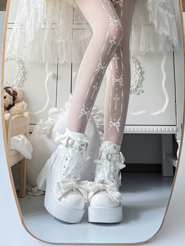 【受注予約】［靴］地雷系 量産型 ビジューリボンミドルブーツ【LBJE84】