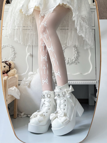 【受注予約】［靴］地雷系 量産型 ビジューリボンミドルブーツ【LBJE84】