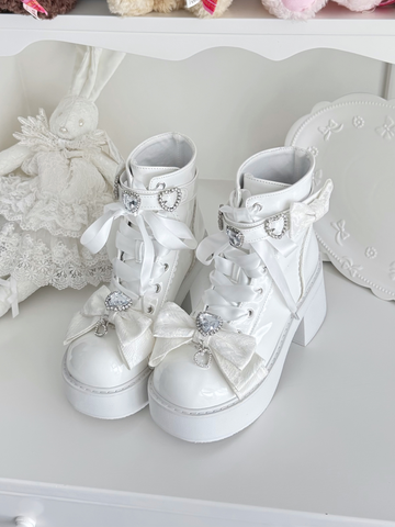 【受注予約】［靴］地雷系 量産型 ビジューリボンミドルブーツ【LBJE84】