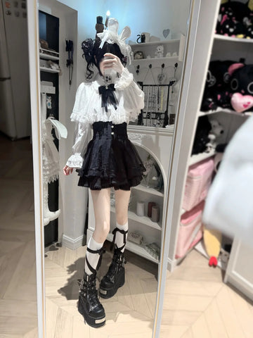 ［ファッション］S-4L 地雷系 レース ケープブラウス+スカート【CA9ASZ】