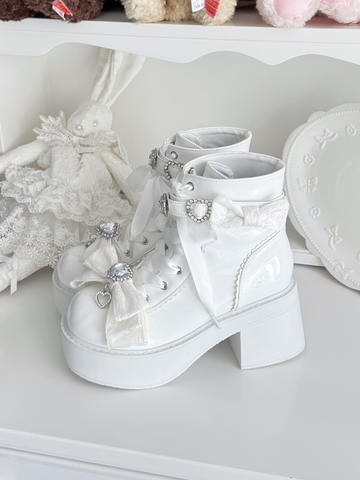 【受注予約】［靴］地雷系 量産型 ビジューリボンミドルブーツ【LBJE84】