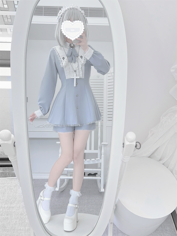 ［ファッション］地雷系 クロスフリルカラーペプラムトップス+パンツ【FK2W38】