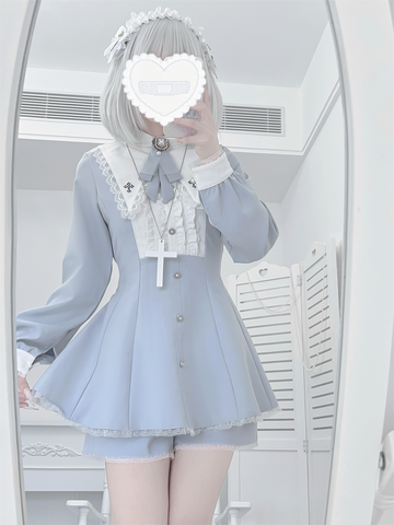 ［ファッション］地雷系 クロスフリルカラーペプラムトップス+パンツ【FK2W38】