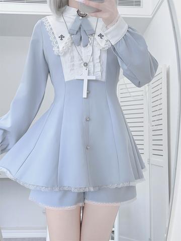 ［ファッション］地雷系 クロスフリルカラーペプラムトップス+パンツ【FK2W38】