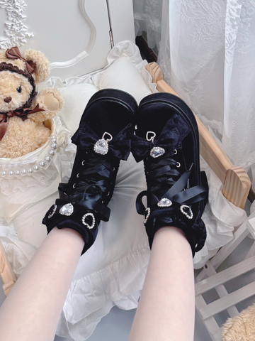 【受注予約】［靴］地雷系 量産型 ビジューリボンミドルブーツ【LBJE84】